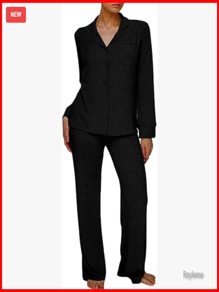 Long Sleeve Button Down Ribbed Knit Pajama Set Soft Loungewear 2 Piece